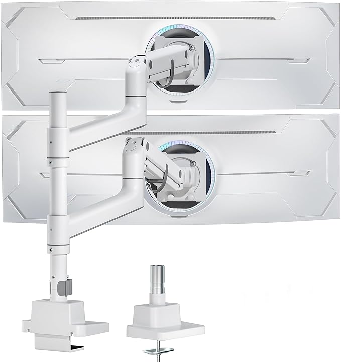 monTEK Dual Monitor Arm for up to 57" and 59.4 lbs Ultrawide Screen, Aluminum Heavy-Duty Gas Spring Vertical Stackable Curved Screen Adjustable Monitor Stand, 75/100mm Vesa Mount, White-DeskLoop Office
