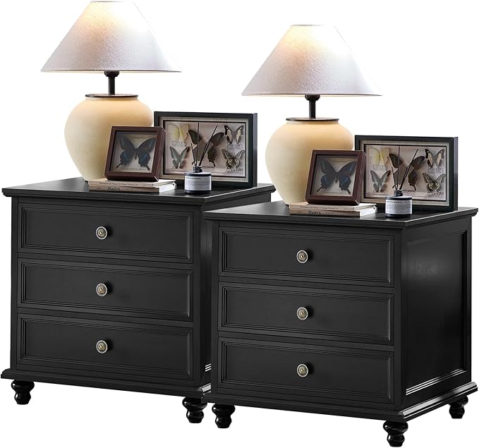24" Wide Farmhouse Night Stand Set of 2,Large End Table with 3 Drawers & Metal Handle,Wood Dresser for Bedroom Cabinet, Bed Side Table Chest of Drawers,Nightstand for Living Room,Closet,Black-DeskLoop Office