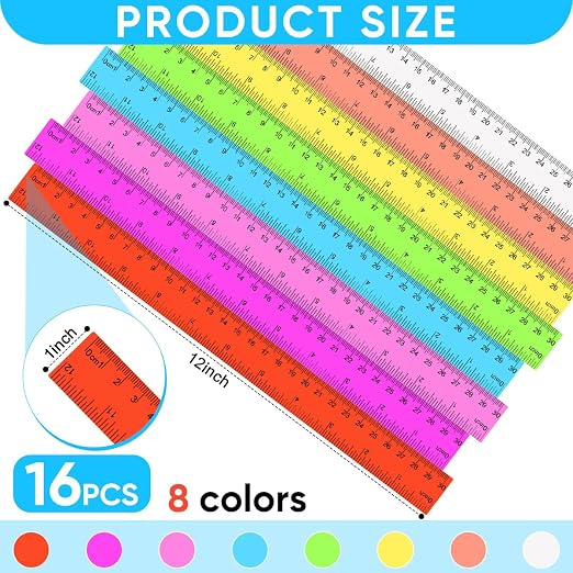 SenseYo 16 Pcs Clear Plastic Rulers 12 Inch Color Transparent Ruler - Image 2