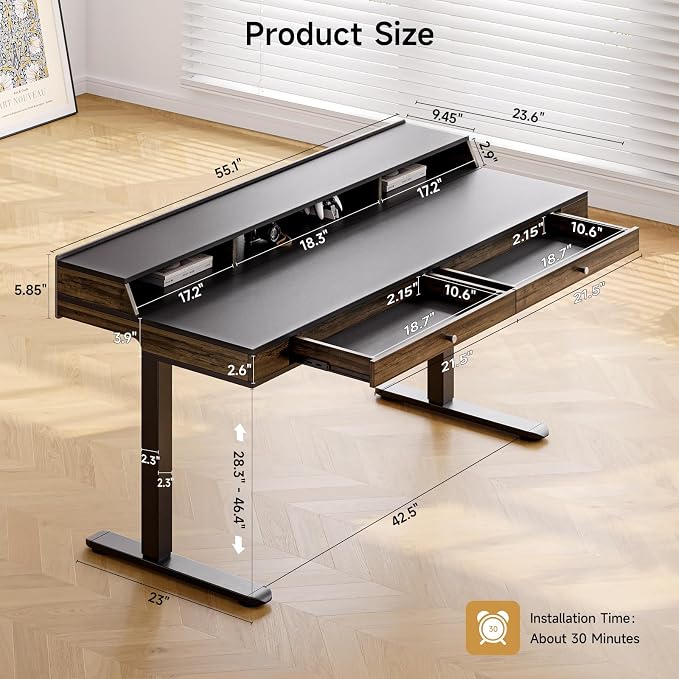 ONBRILL Standing Desk with Drawers, 55x23.6 Inch Electric Stand Up Desk with - Image 2