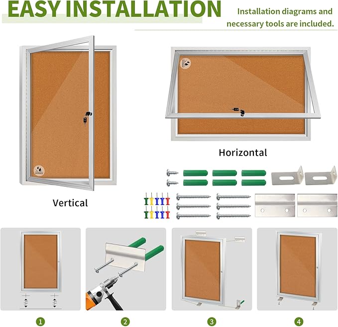 Lockable Outdoor Enclosed Bulletin Board, Weatherproof Cork Noticeboard with Locking Door, Wall-Mounted Aluminum Framed Display Case for Messages,36x24in (5xA4)-DeskLoop Office