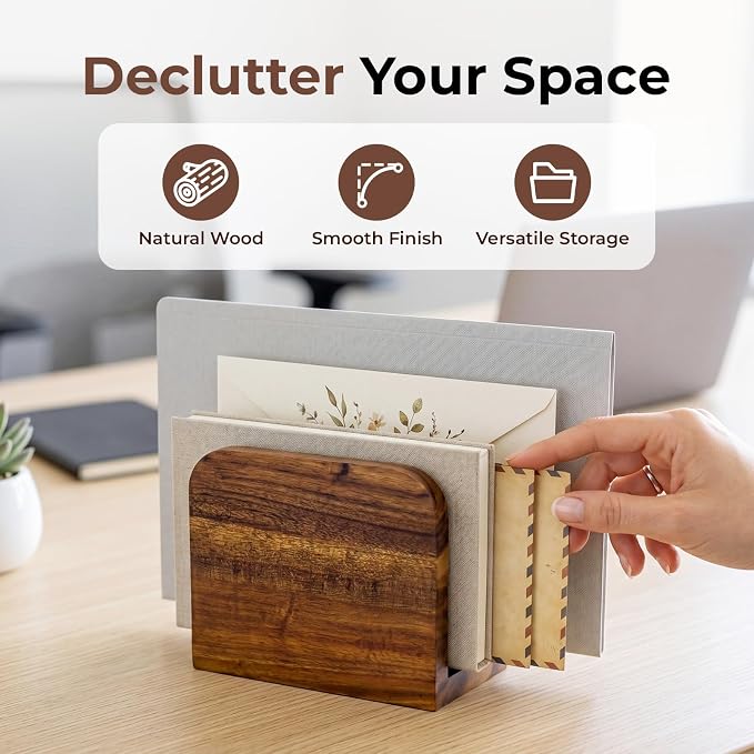Acacia Wood Mail Organizer Countertop -Small Letter Holder - Image 2