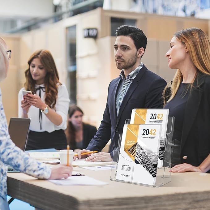 2 Pack Acrylic Brochure Holder 8.5 x 11 in, 2 Tier Brochure Display Stand with Removable Divider for 4 x 9 in Trifold Pamphlets, acrylic flyer holder 8.5 x 11 Stands for Flyer, Pamphlet, Magazine-DeskLoop Office