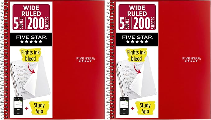 Five Star Spiral Notebook + Study App, 5 Subject, Wide Ruled Paper, Fights Ink by FiveStar