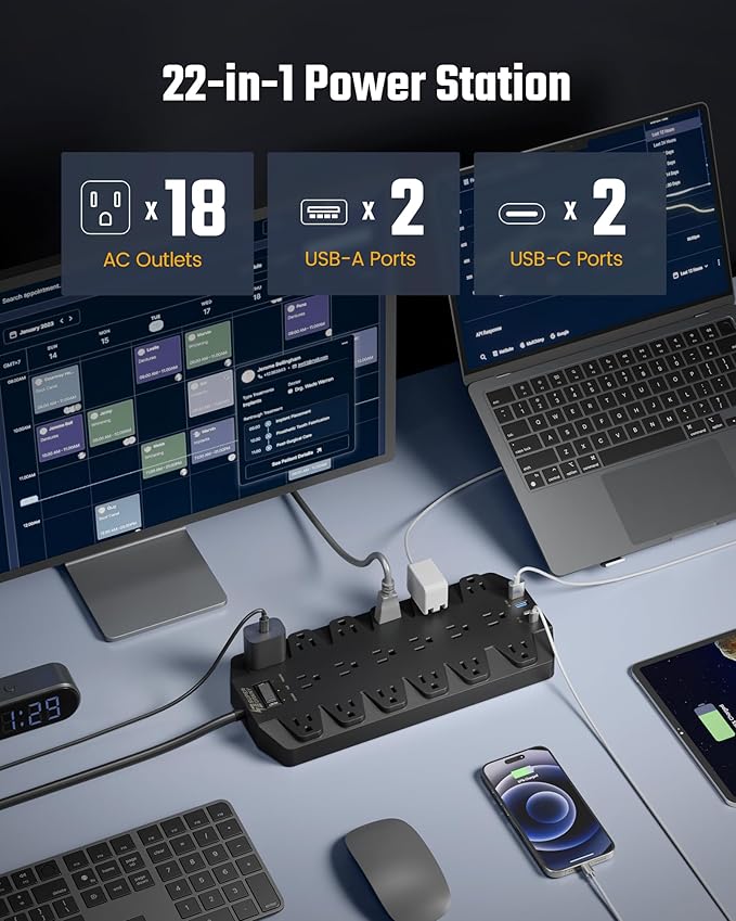 18 Widely Outlets Power Strip, SUPERDANNY Surge Protector with 4 USB Ports, 15FT Flat Plug Heavy Duty Extension Cord, 2100J, 1875W/15A, Wall Mount Holes for Home, Office, Dorm, Black-DeskLoop Office