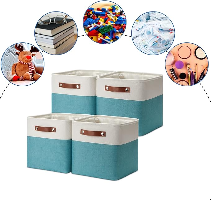 DULLEMELO Foldable Storage Cubes 11 x 11 Organizer Bins,Canvas Storage Bins Empty Gift Baskets for Organizing with SturdyLeather Handles, Closet Baskets for Nursery Storage(4 Pack - 11" White&Teal)-DeskLoop Office