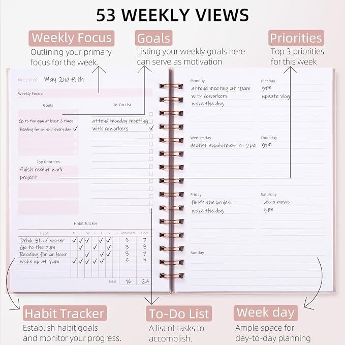 Undated Weekly and Monthly Planner Spiral Bound- Weekly Goals Notebook - Image 3