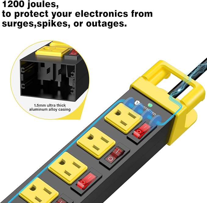 Heavy Duty Power Strip - 6 Outlet Power Strip with Individual Switches Cord Manager Surge Protector 1200J Home Office Garage Industrial Workbench-DeskLoop Office