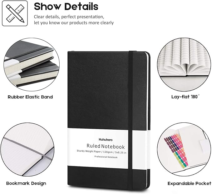 Huhuhero 10 Pack Lined Journal Notebook, 120Gsm College Ruled Thick Paper Journals for Writing, Hardcover Notebooks for Work School Business Note Taking Women Men, 5"×8.25" (10, Black)-DeskLoop Office