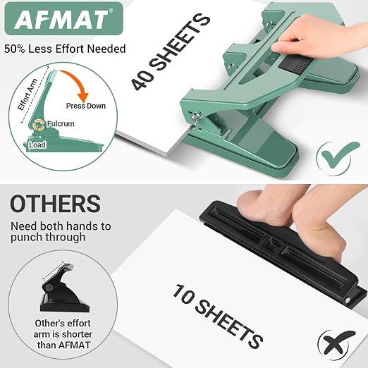 AFMAT Heavy Duty 3 Hole Puncher, 40-Sheet Three Hole Punch Heavy Duty, 50% - Image 2