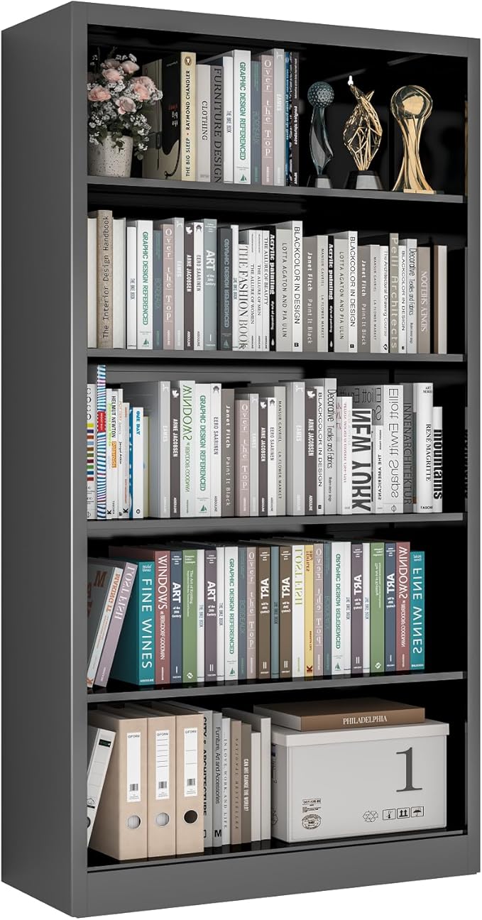 5 Tier Metal Bookshelf, 66" Tall Bookcase, Adjustable Book Shelves, Modern Black Book Shelf Storage Shelves for Bedroom, Living Room, Office, Library, Classroom, School-DeskLoop Office