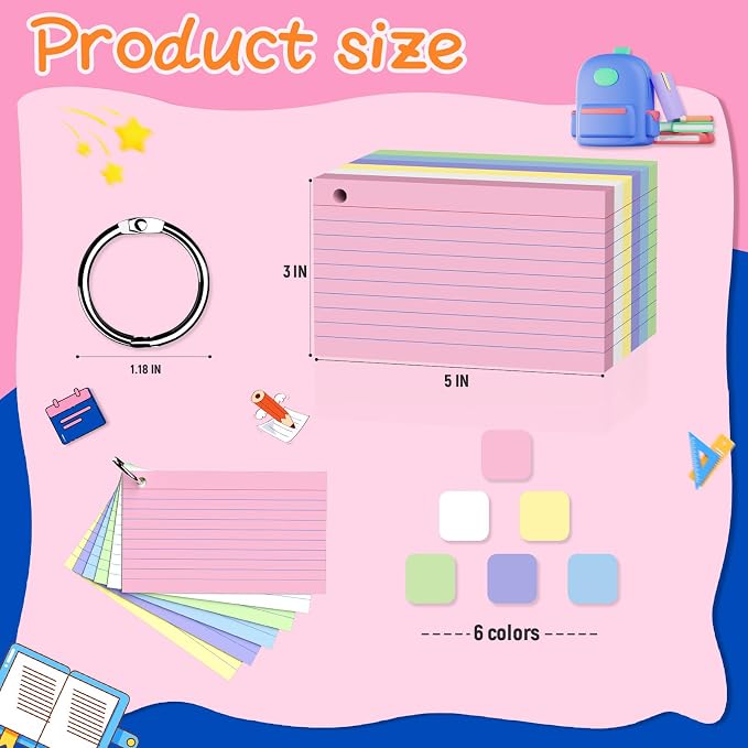 300 Count 3x5 Index Cards with Key Ring, 6 Colored Flash Cards Double-Sided - Image 2