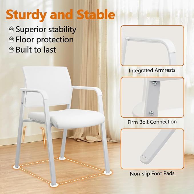 CLATINA Stacking Office Chairs | Mesh Back, Thicken Leather Seat and Arms, Ergonomic Lumbar Support | Guest Reception, Waiting, Conference, School, Party, Customer, Side, Stationary | Set of 4, White-DeskLoop Office