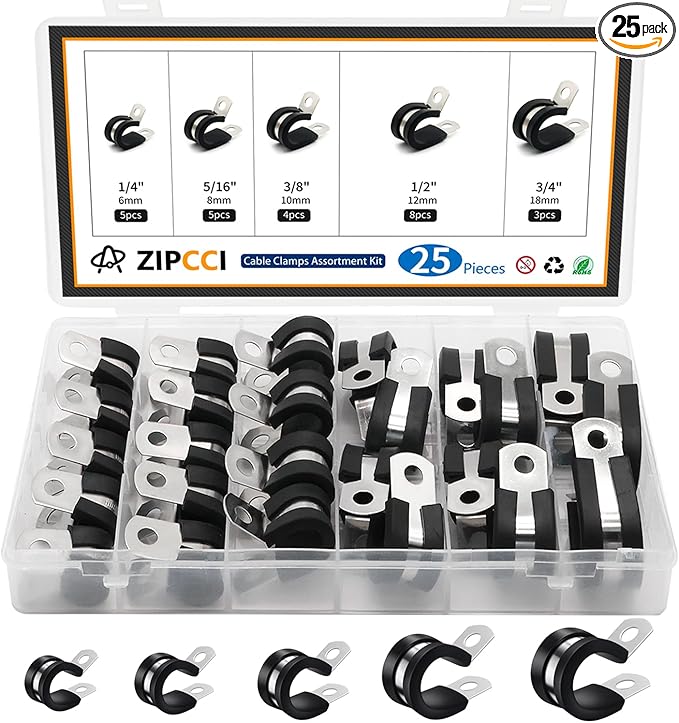 ZIPCCI Cable Clamps Assortment Kit, 25 Pack Stainless Steel Rubber Cushion Pipe by ZIPCCI