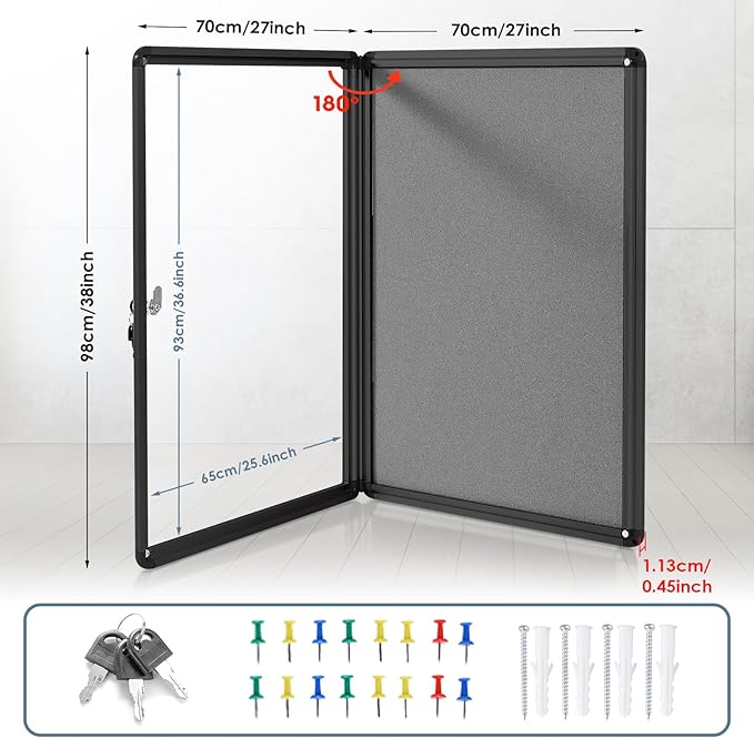 Enclosed Bulletin Board Lockable Display Case Message Board with Locking Door for Indoor, Grey Felt, Black Aluminum Frame, 38 X 28 in-DeskLoop Office