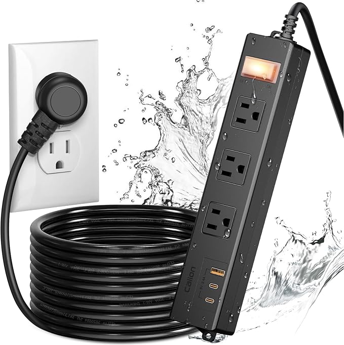 IPX6 Outdoor Power Strip Weatherproof, Waterproof Surge Protector with 3 Wide Outlet with 1A2C USB Ports, 15FT Long Extension Cord, Wall Mountable for Outside Decorations and More UL Listed(Black)-DeskLoop Office