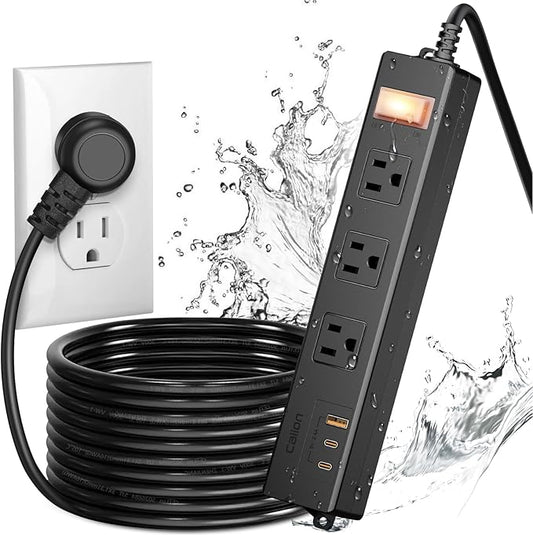 IPX6 Outdoor Power Strip Weatherproof, Waterproof Surge Protector with 3 Wide Outlet with 1A2C USB Ports, 15FT Long Extension Cord, Wall Mountable for Outside Decorations and More UL Listed(Black)-DeskLoop Office