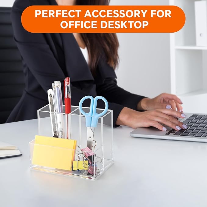 Pen Holder for Desk, Clear Acrylic Pencil Holder for Desk, Marker Holder with 3 Compartments, Pencil Organizer for Home, Office, Classroom, Bathroom-DeskLoop Office