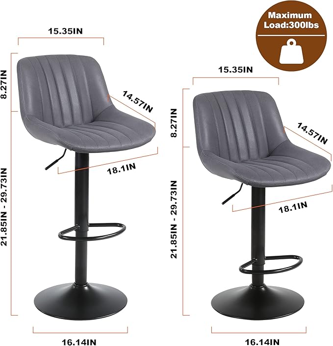 Bar Stools Set of 1, Swivel Counter Height Barstools with Back, Adjustable PU Leather Bar Chairs, Modern Armless Kitchen Island Stool, Dark Grey-DeskLoop Office