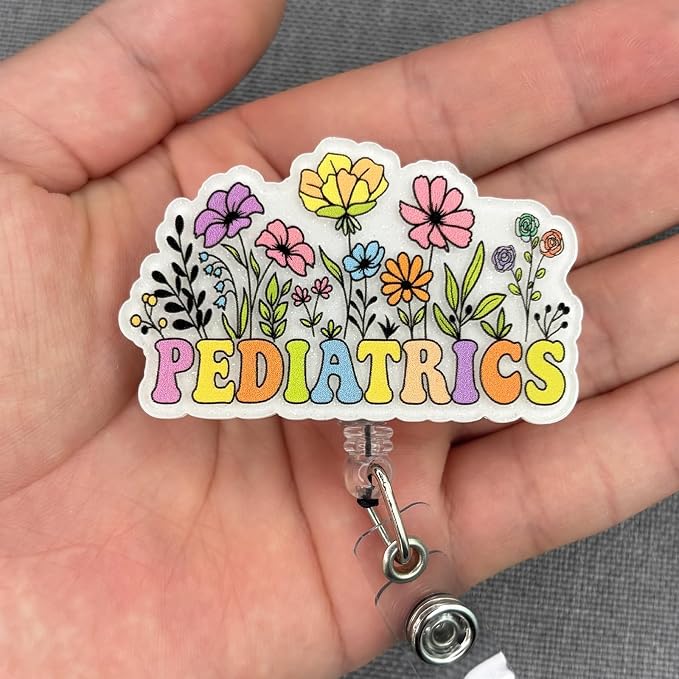 Cute Pediatrics Badge Reel Retractable, Elegant Floral Pediatric Nurse Badge ID - Image 3