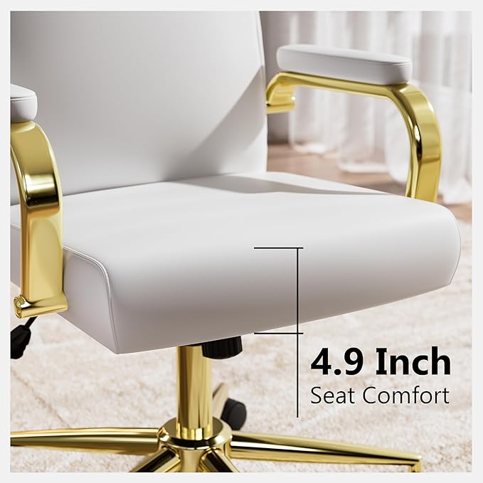 White and Gold Office Chair Memory Foam, White Leather Computer Desk Chairs with Wheels and Arms, High Back Executive Office Chair for Girl and Women-DeskLoop Office