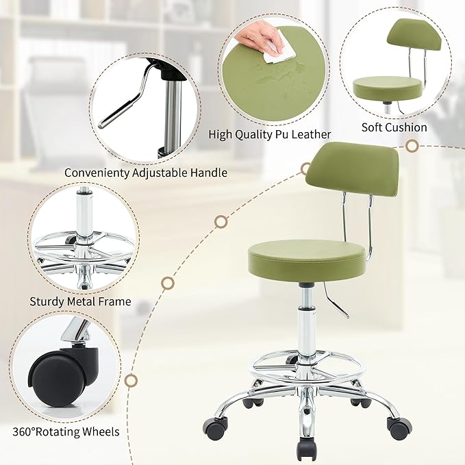 Height Adjustable Stool 19.5’’-26.6’’, Rolling Chair with Back and Footrest, Green Esthetician Stool Ergonomic (Green)-DeskLoop Office