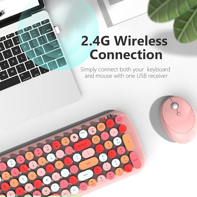 MOFII Wireless Keyboard and Mouse Combo, 2.4GHz Retro Typewriter Keyboard and Cute Mouse for Computer PC Desktops Laptop Windows(Pink Mix)-DeskLoop Office