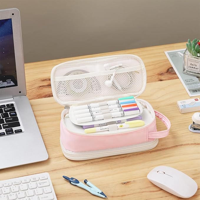 Dugio Big Pencil Case for Girls Teens Kids Zipper Pencil Pouch with Handle Organizer Pencil Bag Aesthetic Pencil Box for School Pink-DeskLoop Office