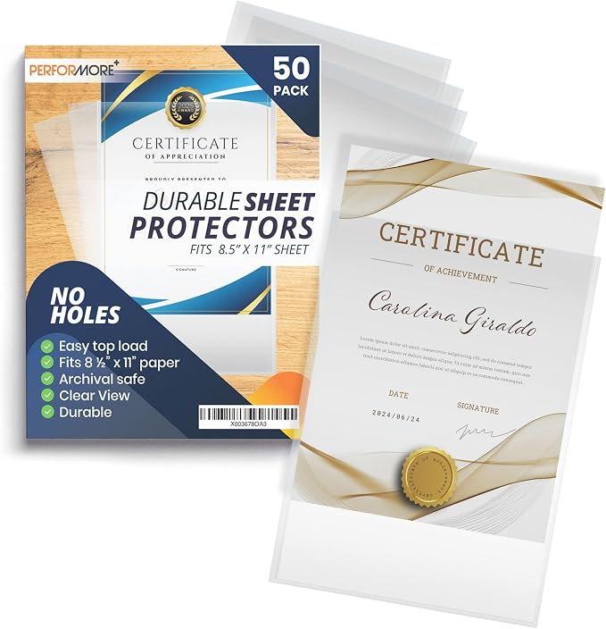 Performore 50 Clear No Hole Sheet Protectors, 8.5" x 11", Plastic Sheet Sleeves by RingBinder