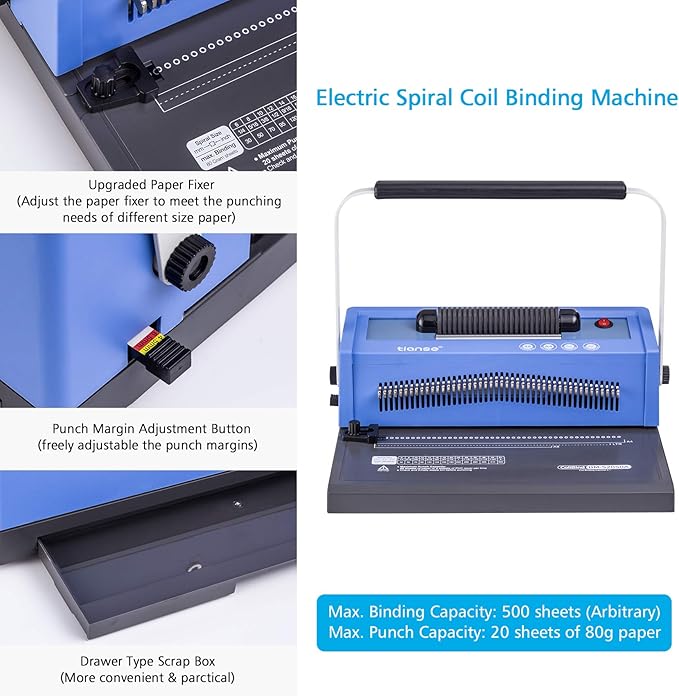 TIANSE Spiral Coil Binding Machine, Manual Book Maker Punch Binder with Electric Coil Inserter, Disengaging pins, Adjustable Side Margin, Comes with 100pcs 5/16'' Plastic Coil Binding Spines & Plier-DeskLoop Office