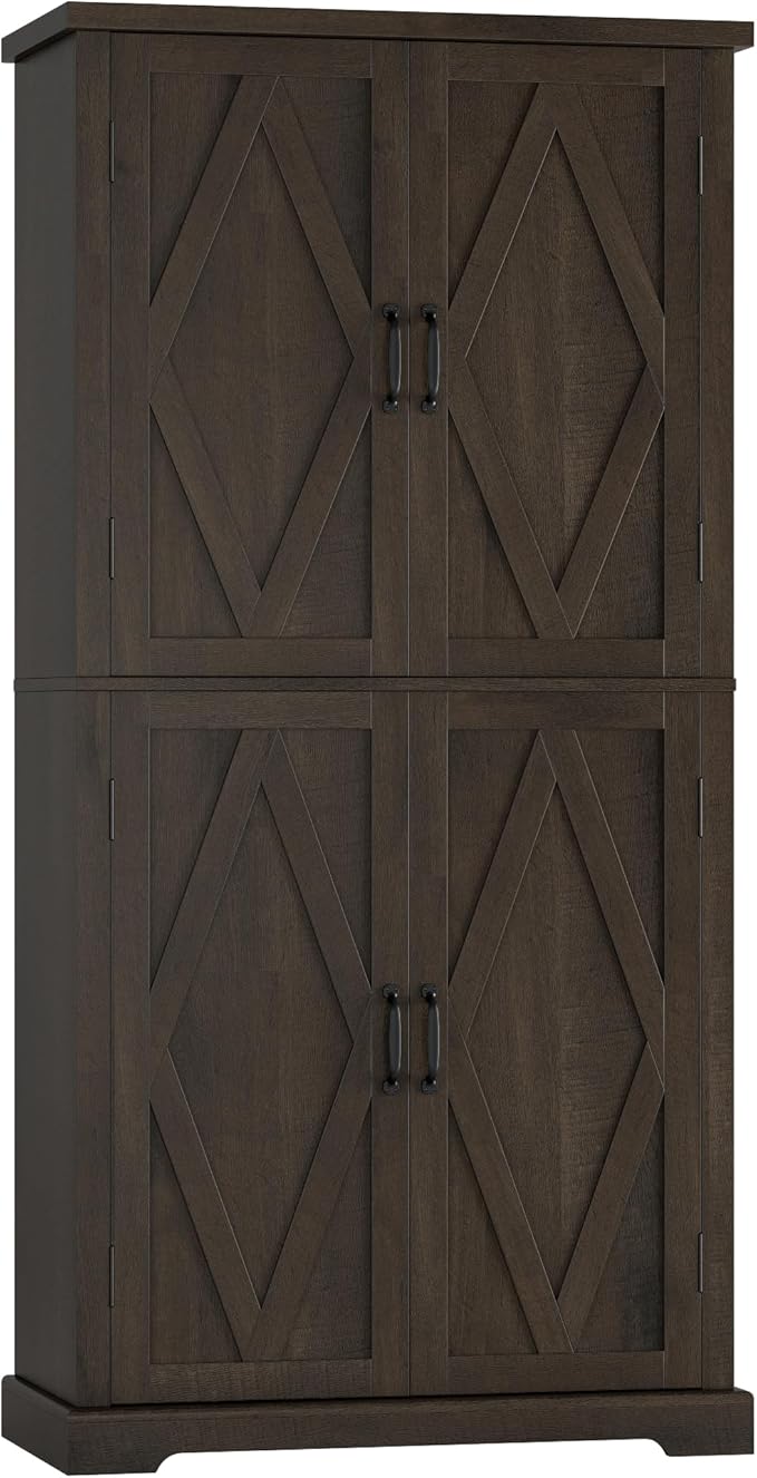 HOSTACK 64" Tall Pantry Cabinet, Modern Farmhouse Kitchen Pantry, Wood Bathroom Storage Cabinet, Large Bookcase, 4 Doors|Adjustable Shelves, for Dining Room, Living Room, Home Office, Dark Brown-DeskLoop Office