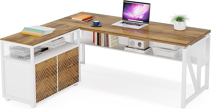 Tribesigns Office Desk with Drawers Sets, 63 inches L Shaped Computer Desk with Mobile File Cabinet,Big Executive Desk for Home Office Furniture Sets (Light Walnut, 63-inch)-DeskLoop Office