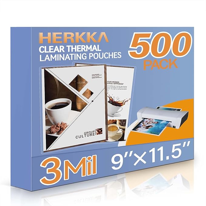 HERKKA 500 Pack Laminating Sheets, Holds 8.5 x 11 Inch Sheets, 3 Mil Clear Thermal Laminating Pouches 9 x 11.5 Inch Lamination Sheet Paper for Laminator, Round Corner Letter Size-DeskLoop Office