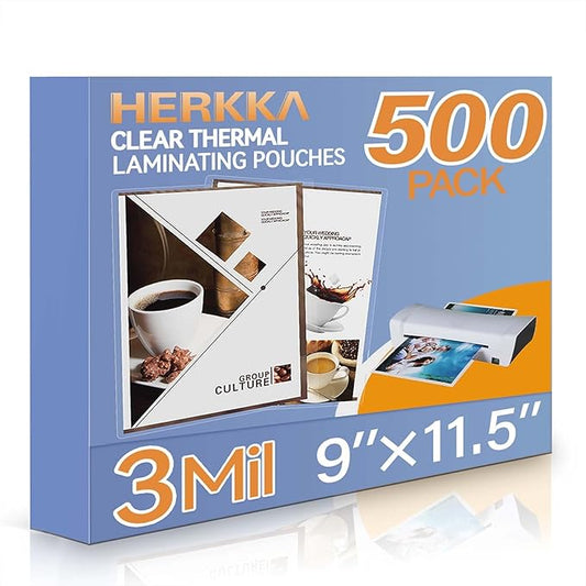 HERKKA 500 Pack Laminating Sheets, Holds 8.5 x 11 Inch Sheets, 3 Mil Clear Thermal Laminating Pouches 9 x 11.5 Inch Lamination Sheet Paper for Laminator, Round Corner Letter Size-DeskLoop Office