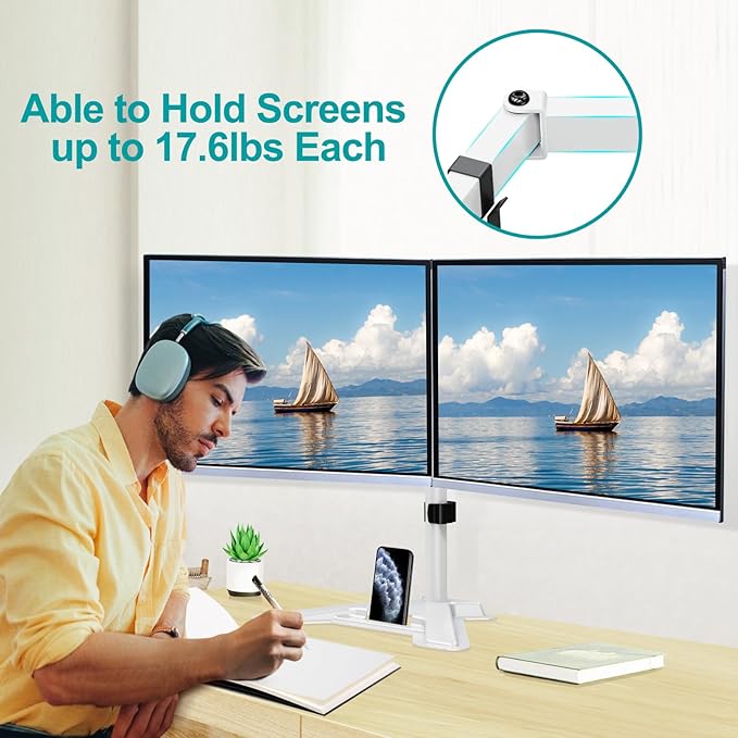 MOUNT PRO Dual Monitor Stand, Free-Standing Full Motion Monitor Desk Mount Fits 2 Screens up to 27 inches,17.6lbs with Height Adjustable, Swivel, Tilt, Rotation, VESA 75x75 100x100,White-DeskLoop Office