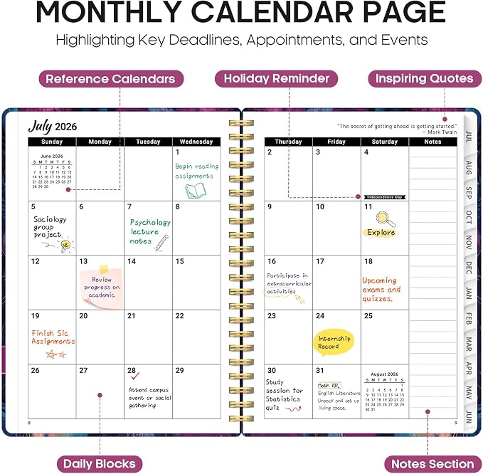 Planner 2026–2027, Academic Monthly Weekly Spiral Calendar, July 2026 – June - Image 2