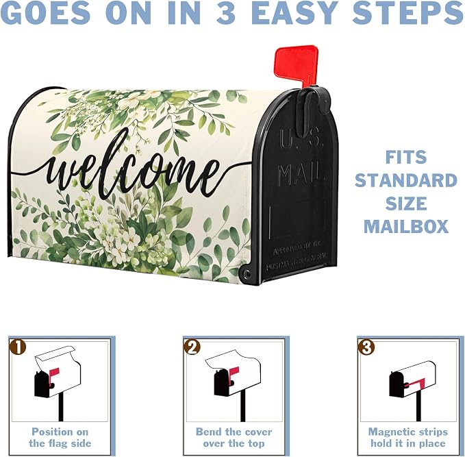 Welcome Spring Mailbox Covers Magnetic Green Eucalyptus Leaf Wreath Flowers - Image 4