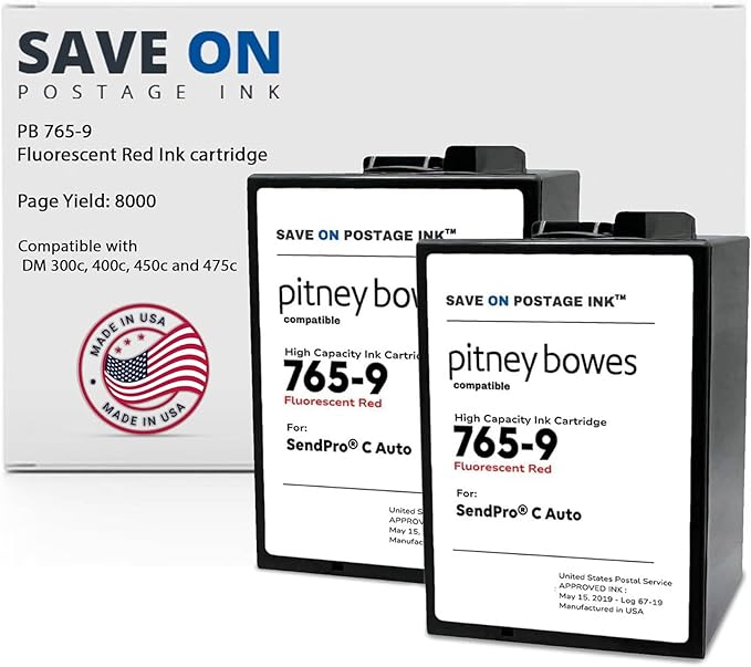 Save On Postage Ink (2 Pack 765-9 Postage Meter Ink Cartridge Compatible with Pitney Bowes 765-9, SendPro MailStation Postage Meter Ink, DM 300c, 400c, 450c and 475c-DeskLoop Office