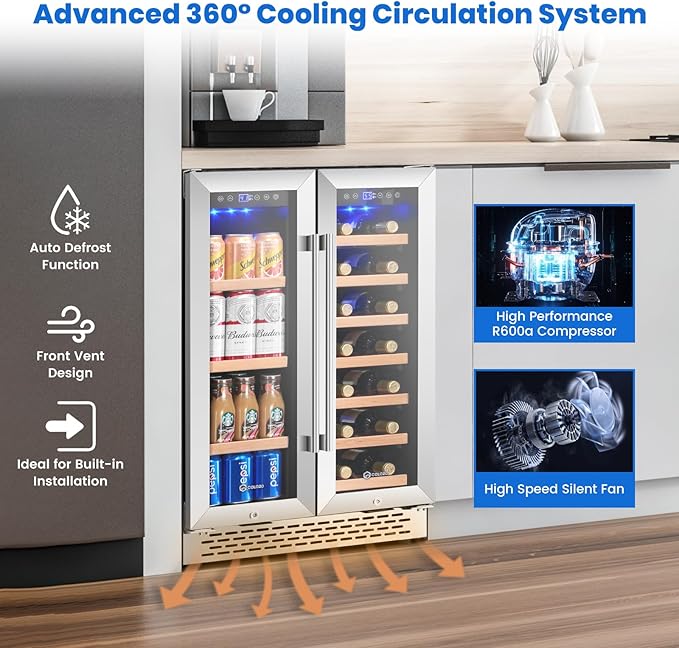 24 Inch Wine and Beverage Refrigerator Under Counter, Dual Zone 20 Bottles & 88 Cans Beverage Fridge with Stainless Steel Tempered Glass Door, Built-in/Freestanding Mini Fridge for Office/Bar/Kitchen-DeskLoop Office