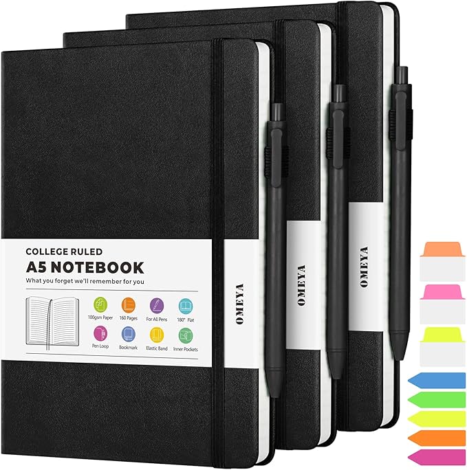 OMEYA Lined Journal Notebook, 3 Pack A5 College Ruled Notebooks for Work, Hardcover Notebook Each with 2 Pockets & Pen, Leather Journal for Women, Men, 160 Pages, 100GSM Thick Paper (Black)-DeskLoop Office