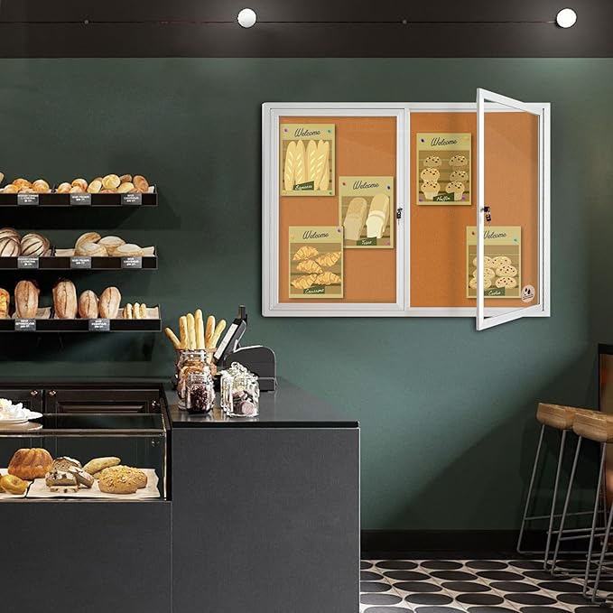 Lockable Outdoor Enclosed Bulletin Board, Weatherproof Cork Noticeboard with Locking Door, Wall-Mounted Aluminum Framed Display Case for Messages,36x24in (5xA4) (Silver Frame & Cork, 44x32 in)-DeskLoop Office