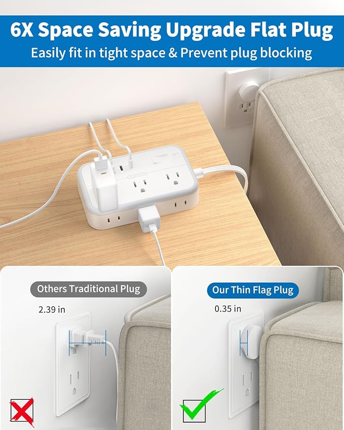Flat Extension Cord 15 ft, NTONPOWER Surge Protector Power Strip with 6 Widely Outlets 4 USB Ports(2 USB C), Flat Plug, Wall Mounted, Side Outlet Extender for Indoor, Home Office, Dorm Room Essentials-DeskLoop Office