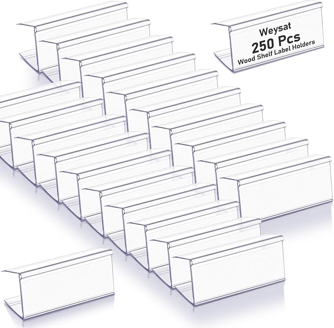 Weysat 250 Pcs Wood Shelf Label Holders Clear Plastic Price Tag 2.4 in L x 1 in by Weysat