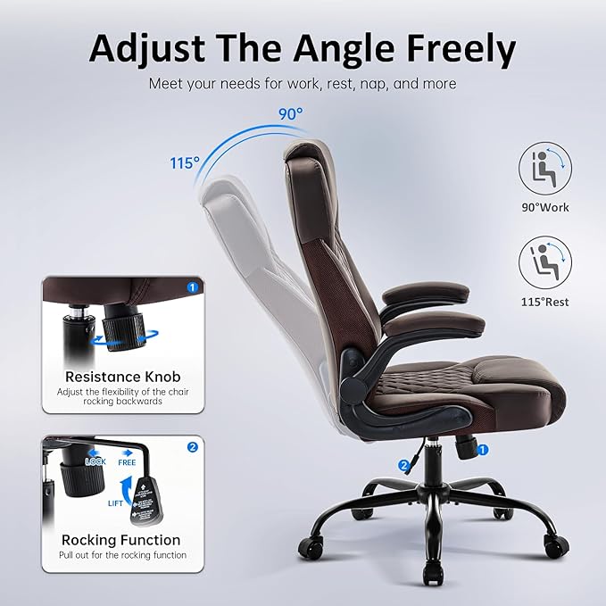 Office Chair, Executive Leather Chair Home Office Desk Chairs, Ergonomic Computer Desk Chair with Adjustable Flip-Up Arms, Lumbar Support Swivel Task Chair with Rocking Function (Brown)-DeskLoop Office