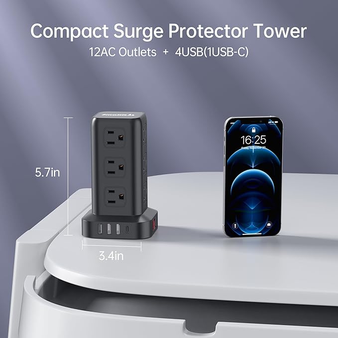 15FT USB C Power Strip Surge Protector Tower, Mini Power Strip Tower Travel 12 AC 4 USB Power Strip with USB Ports, Overload Protection for Home Office-DeskLoop Office