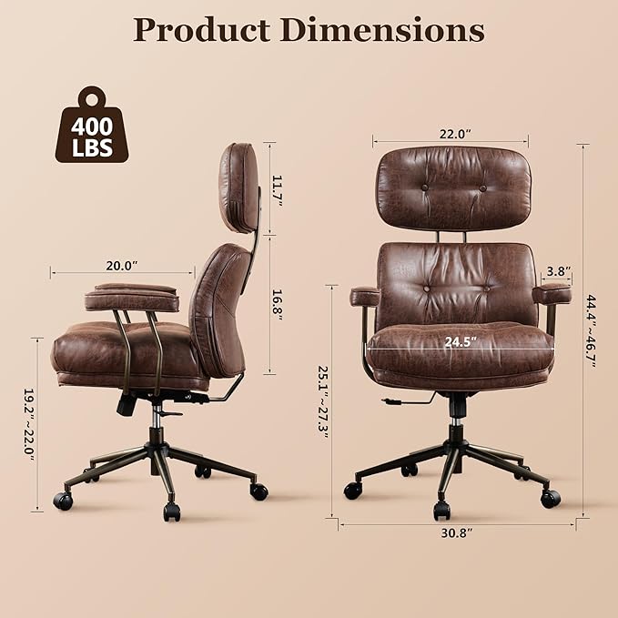 Mid Century Modren Large Office Chair, Big and Tall Ergonomic Executive Chair for Heavy Duty People, Computer Desk Task Chair with Wheels, Faux Lether Fabric Wide Chair for Home Sturdy,Dark Brown-DeskLoop Office
