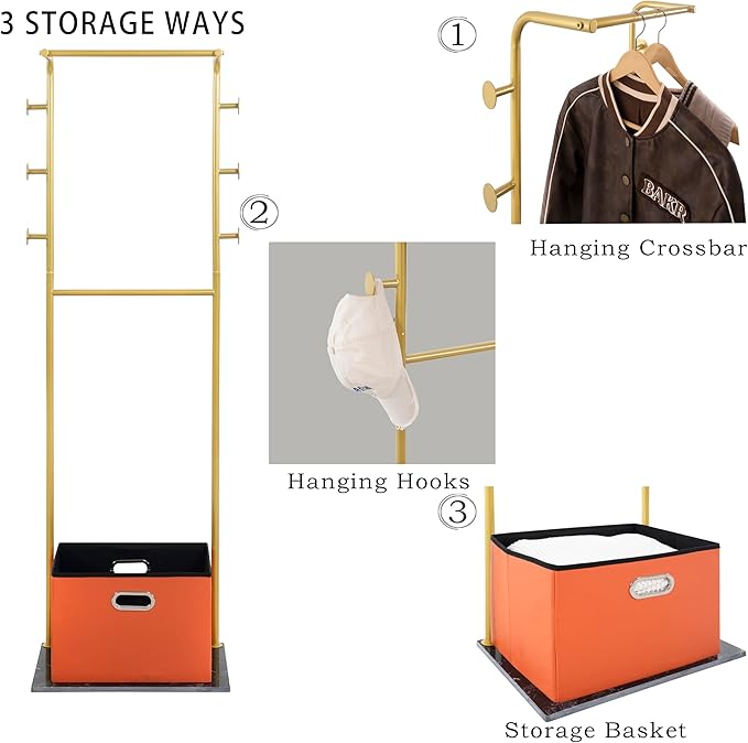 Heavy Duty Coat Rack with Storage Basket Metal Hanging Clothes Rack with Marble Base Modern Standing Clothing Rack for Entryway Bedroom Living Room Hotel 19.69 x 13.39 x 67.72 Inches (Gold)-DeskLoop Office