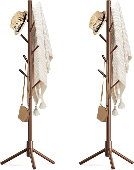 Haddockway Wooden Coat Rack Stand with 8 Hooks New Zealand Pine 3 Adjustable Coat Standing Tree Easy Assembly for Coats, Hats, Scarves and Handbags for Entryway, Hallway, Bedroom, Office,2 PCS-DeskLoop Office