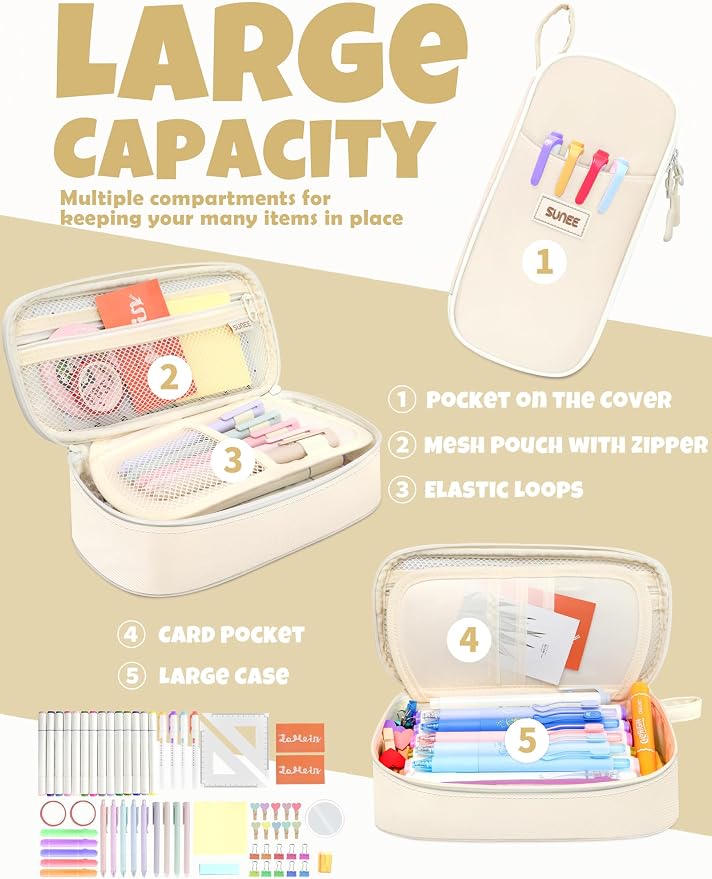 SUNEE Cute Pencil Case, Aesthetic Pen Pouch, Colored Large Pencil Bag - Image 2