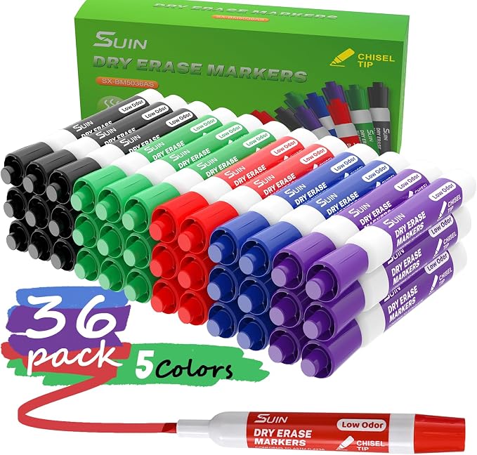 SUIN Dry Erase Markers, Chisel Tip Whiteboard Markers, Low Odor White Board by SuinOffice